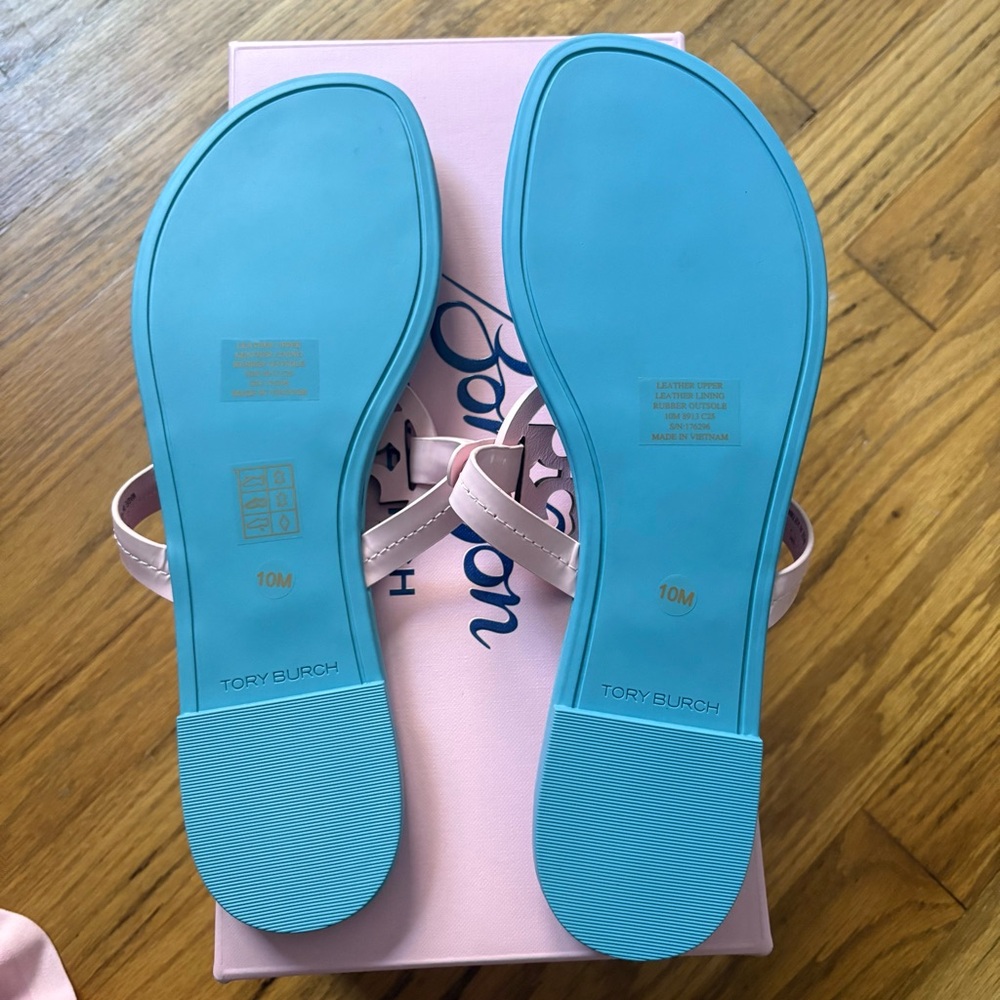 Tory Burch x BonBon Miller Patent Leather Pink and Blue Sandals Cotton Candy 10 - Picture 6 of 14